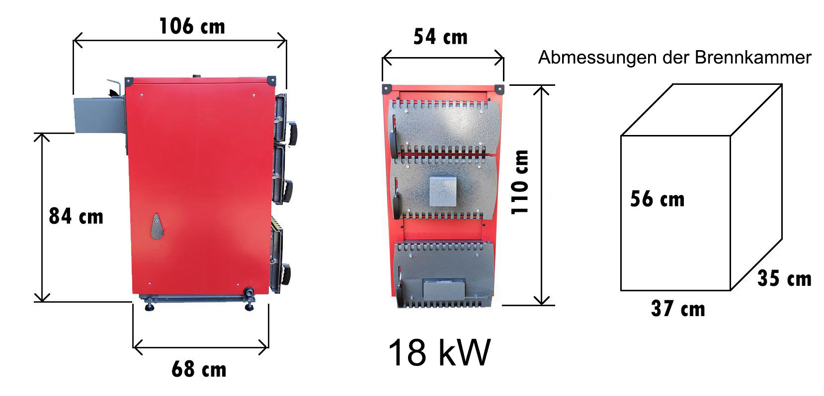 Abmessungen des 18kW Naturzugkessels Naturzugkessel Brennkammer Abmessungen
